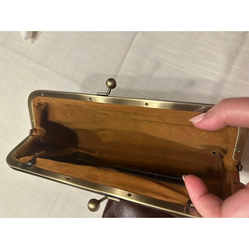 Patricia Nash Brown Leather Frame Clutch and Horse Coin Purse Set Kiss Lock